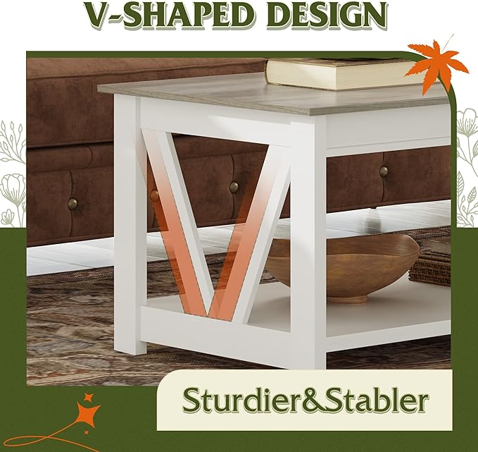 WLIVE Farmhouse Coffee Table, 43" Coffee Table for Living Room, Modern Center Table with Storage Shelf, V Shaped Support, Grey&White