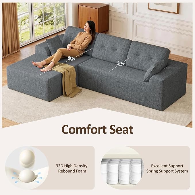 Ball & Cast 106''L Shaped Modern Sofa Modular Sectional Cloud Couch with Pillow,3-4 Seater Convertible Boneless Comfy Chenille Sofa Couches for Living Room, Bedroom and Apartment,Left Facing(Grey)