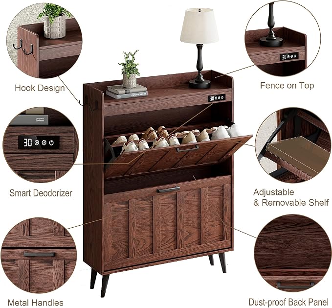 ChooChoo Shoe Storage Cabinet with 2 Flip Drawers, Deodorizing Shoe Organizer Storage for Entryway, Freestanding Hidden Slim Narrow Shoe Rack Cabinet, Walnut - Image 4