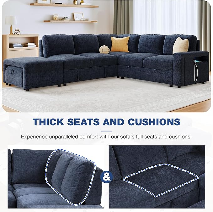 ERYE L-Shaped Multifunctional Sleeper Sectional with Hidden Storage and Cupholders, Modern Pull Out Sleeper Convertible Sofa Bed W/Storage Chaise, Ottoman, USB-C Ports
