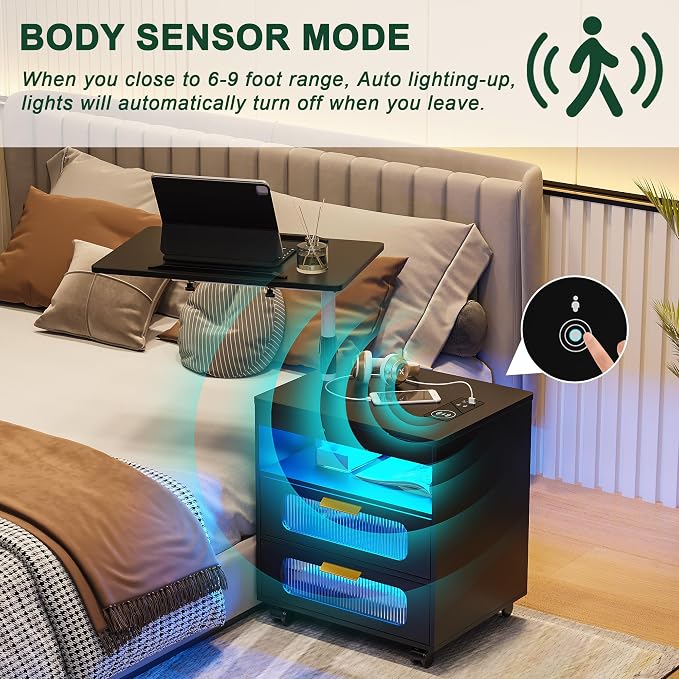 HNEBC LED Nightstand Set of 2 with Charging Station & Adjustable Overbed Desk, 3 Color LED Lights & Body Sensor, Mobile Bedside Table with Wheels, 2 Drawers & Open Shelf for Bedroom (Black) - Image 7