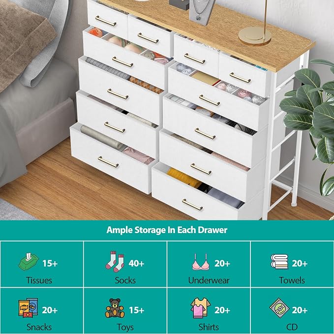 VASICAR White Dresser for Bedroom with 12 Deep Drawers, Wide Chest of Drawers, 55" TV Stand with Retro Wood Top, Tall Fabric Dresser for Closet, Nursery - Image 5