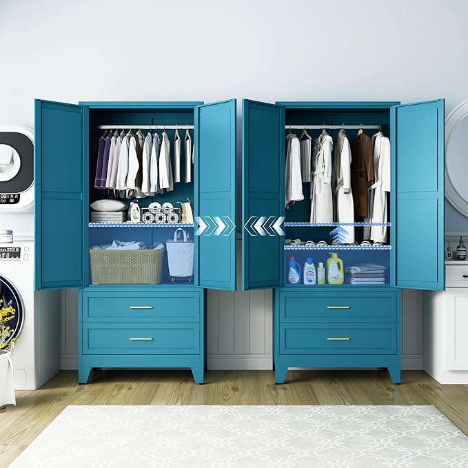 Metal Armoire Wardrobe Closet with 2 Drawers, 71" Wardrobe Cabinet with Adjustable Shelf & Hanging Rod for Bedroom, Blue Metal Closet Storage Cabinet with 2 Doors & Drawers