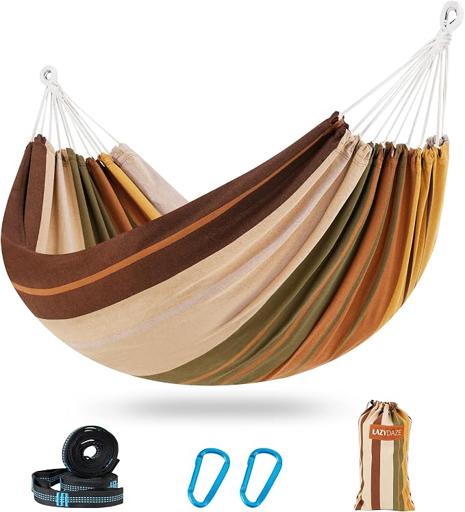 Lazy Daze Hammocks Double Brazilian Cotton Hammock, Extra Large Portable Outdoor Camping Hammock with Tree Straps & Travel Bag for Backyard Patio Poolside Indoor, 550lbs Capacity, Brown & Khaki by LazyDazeHammocks