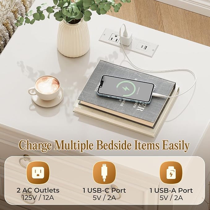 Huuger 27.6 Inch Tall Nightstand with Charging Station, USB-C Port, Larger Night Stand Set of 2, Bedside Table with 2 Drawers, 11.4 Inch Raised Legs, Side Tables End Tables, for Bedroom, White - Image 4