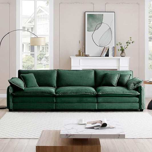 KEIKI 115" Oversized Corduroy Modular Sectional Cloud Sofa with High-Density Foam Cushions, Removable Armrests, Upholstered Modern 3-Seater Fluffy Corner Couch with 5 Pillow, for Living Room, Green