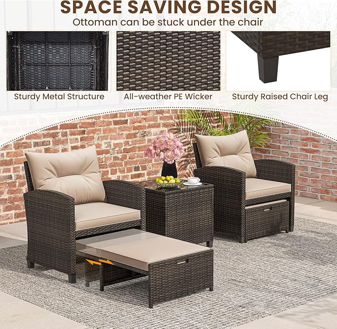 Tangkula 5 Pieces Patio Conversation Set, PE Wicker Rattan Outdoor Furniture Set with 2 Chairs, 2 Ottomans & Tempered Glass Coffee Table, Ideal for Poolside, Backyard, Lawn, Deck (Mix Brown & Beige)