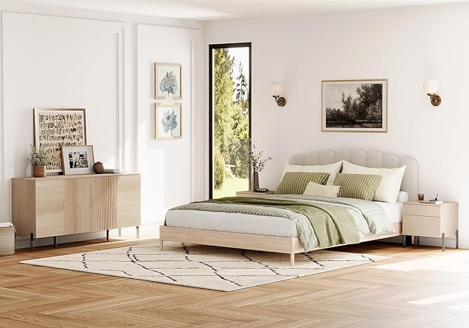 WAMPAT 2 Pieces Bedroom Set, Fluted Storage Cabinet and Night Stands with Charging Station for Bedroom, Wood Dresser and Nightstand Set, Wide Storage Organizer Cabinet for Bedroom,Beige