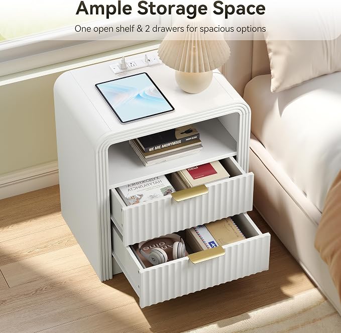 Fluted Nightstand Set of 2 with Charging Station, 19.7'' Wide Modern End Table with USB/Type-C Ports, 2 Drawers & Open Shelf, Curved Profile Design, Wood Bedside Table for Bedroom (White) - Image 5