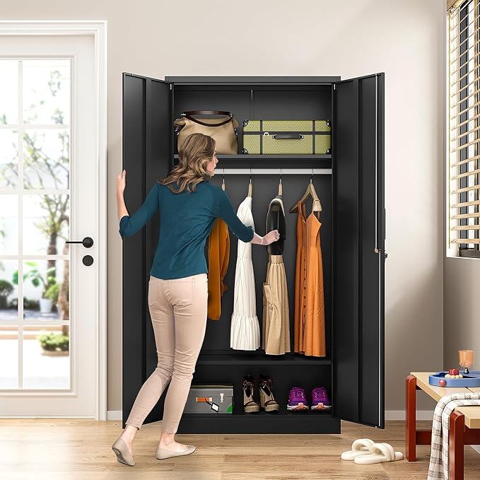 Metal Wardrobe Cabinet with Hanging Rod & Lock,Black Armoire Wardrobe Closet,Metal Clothing Storage Cabinet with Adjustable Shelves and Doors,72" Amroire Storage Cabinets for Home,Living/Laundry Room