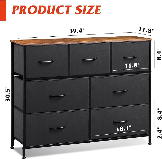 WLIVE 7 Drawer Dresser TV Stand, Entertainment Center, Media Console Table with Metal Frame and Wood Top for TV up to 45 inch, Chest of Drawers for Bedroom, Living Room, Black and Rustic Brown - Image 3