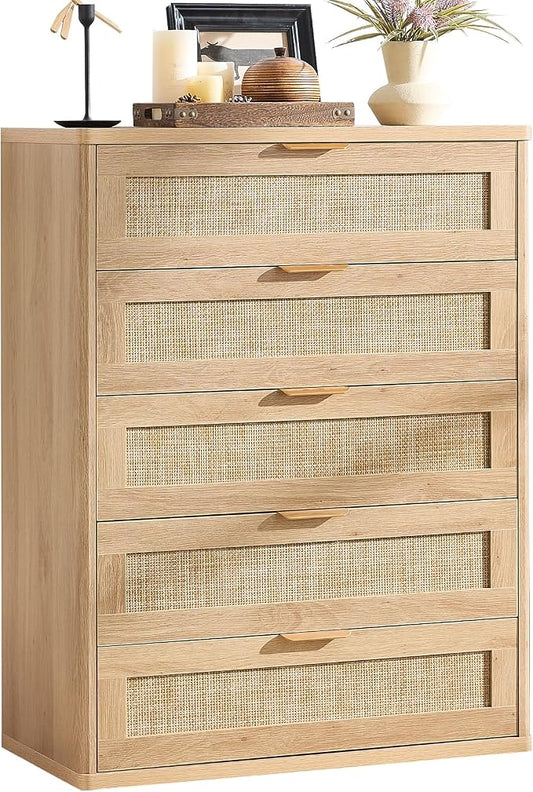 LEYAOYAO Rattan Dresser for Bedroom, 41" Tall Chest of Drawers, Modern 5 Drawers Boho Dressers with Storage, Light Oak Dresser Wooden Closet Organizer for Living Room, Hallway, Natural Wood by LEYAOYAO-Findtheshiningpointofyourideallife%EF%BC%81