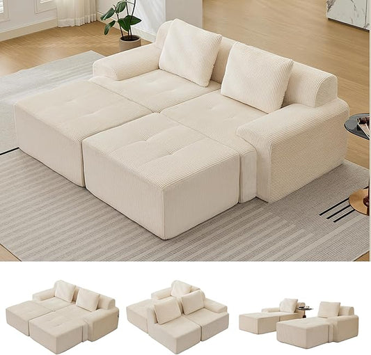 Boneless Couches for Living Room, Corduroy Couch, Modular Sectional Sofa, Big Comfy Couch, Modular Cloud Sofa with Deep Seat, Sofa Bed (White, 4 Pieces-Bedshape)