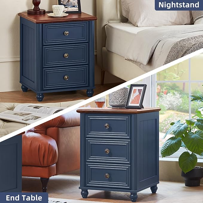 RWYHG 18" Farmhouse Nightstand Set 2 with Charging Station and USB Port, Blue Night Stand with 3 Drawers, Wood Bedside End Table with Storage, Bed Side Tables for Bedroom Living Room and Closet - Image 7