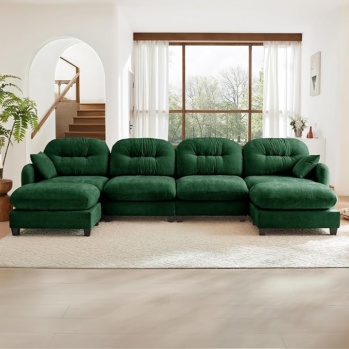 KEIKI 140" U-Shaped Oversized Chenille Modular Sectional Sofa with 2 Ottoman, High-Density Foam Cushions, Tufted Pleated Cushion Backrest, Modern 4-Seater Couch with 2 Pillow, for Living Room, Green