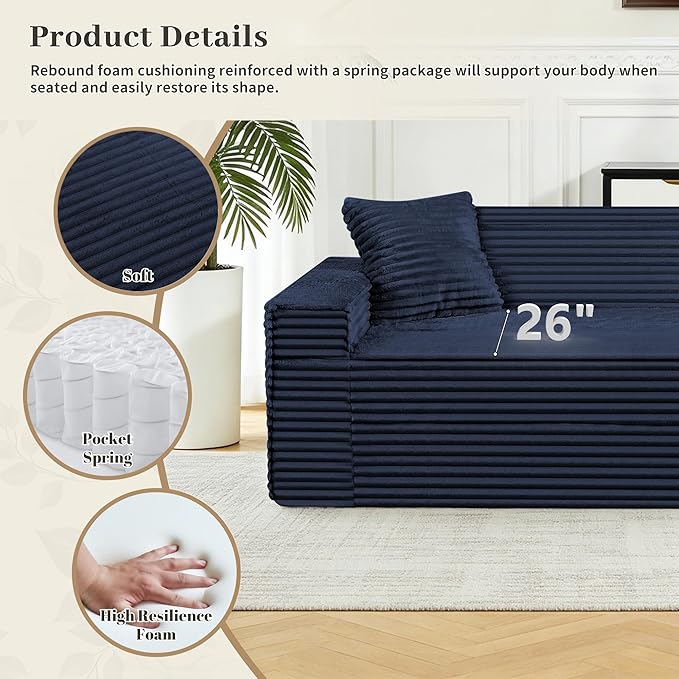75" Cloud Loveseat Sofa, 26" Deep Seat Boneless Couches for Living Room, Modern 3 Seater Sofa with Throw Pillows, Corduroy Compression Sofa in Box, No Assembly Couch for Bedroom, Dorm, Dark Blue