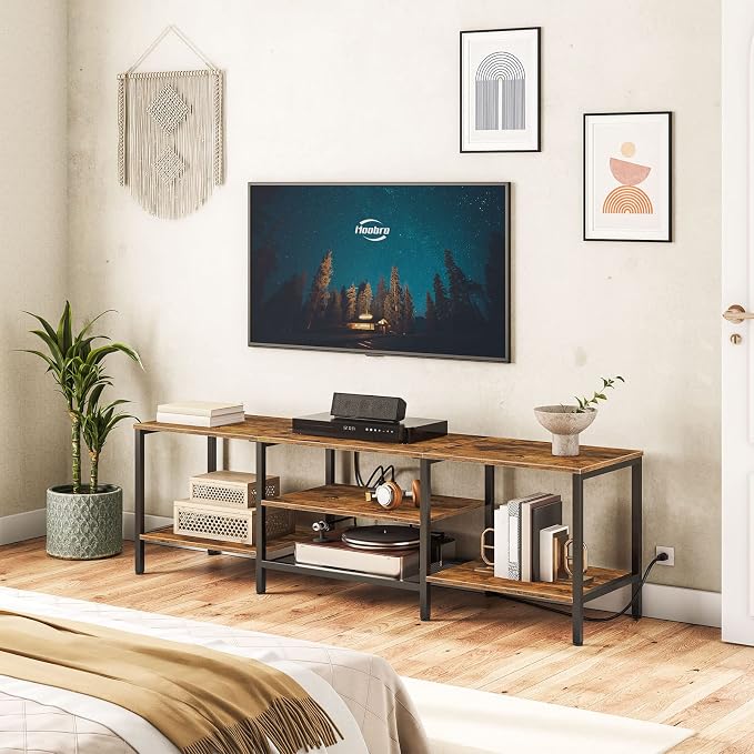 HOOBRO TV Stand with Power Outlets to 75 Inches, TV Console Table with Open Storage Shelves Cabinet, Industrial Media Entertainment Center for Living Room Bedroom, Rustic Brown and Black BF80DS01 - Image 4