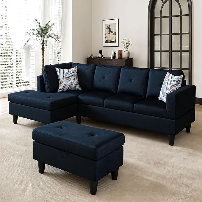 Sectional Couches for Living Room Furniture Sets, 4 Seat L Shaped Couches with Ottoman, Modular Sectional Sofa for Apartment Furniture Sets, Dark Blue