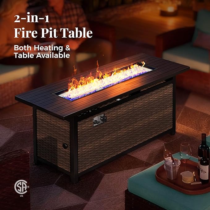 Patio Furniture Set, 7 Pcs Wicker Rattan Outdoor Conversation Set, 2 x Leg Chairs, 1 x 3 Seater Sofa, 1 x 2-Seat Lover Sofa and 2 x Ottomans with 4" Thick Cushion and 56" Fire Pit Table, Blue