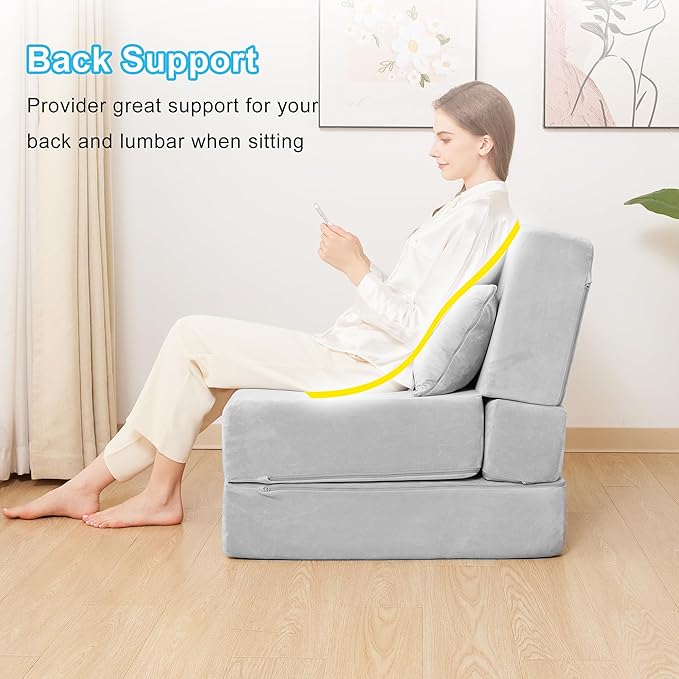 Folding Sofa Bed, Convertible Sleeper Chair with Pillow, Foldable Mattress & Back Support, Portable Floor Lounger Futon for Apartment, Dorm, Living Room, Bedroom, Grey