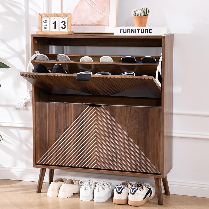 oakvivo Shoe Cabinet Storage, Farmhouse Freestanding Organizer with 2 Flip Drawers and 4 Wooden feet, Narrow Shoe Rack Cabinet for Entryway, Foyer, Hallway, Walnut - Image 8