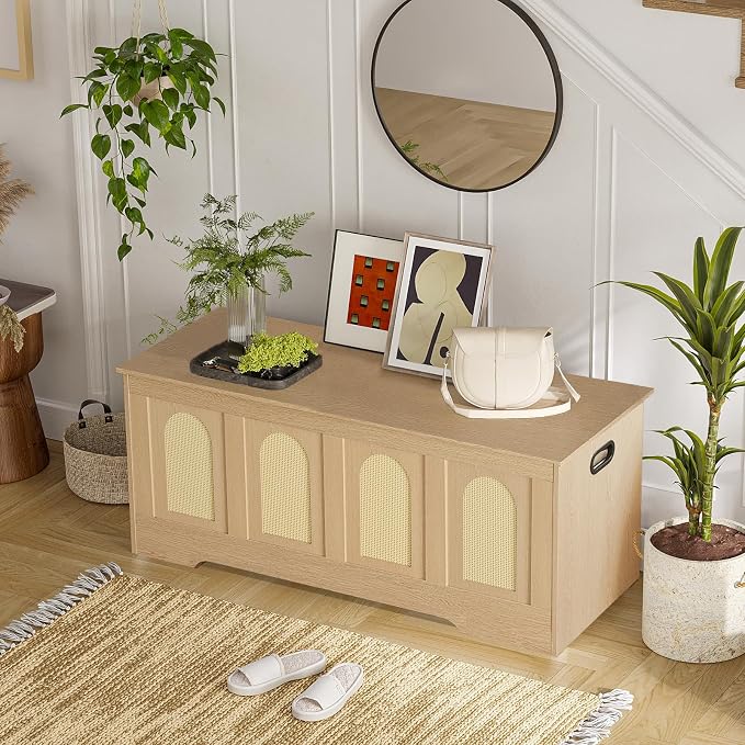 DINZI LVJ Storage Chest, 47.2" Rattan-Like Toy Box with 2 Safety Hinges, Wooden Entryway Storage Bench with Flip-Top, Large Trunk for Living Room, Bedroom, Easy Assembly, Natural - Image 7