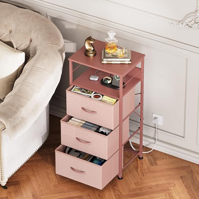 WLIVE Nightstand with Charging Station, 31.9" H Nightstand with 3 Fabric Drawers, LED Bedside Table with USB Ports and Outlets, End Table for Dorm, Bedroom, Entryway, Pink - Image 6