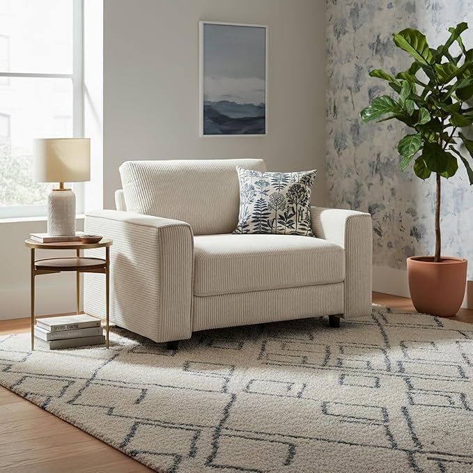 AC Pacific Derek Modern Corduroy Accent Chair for Living Room, Tufted Arm Chair with Plush Upholstery, High-Density Foam, Sleek Black Legs, Durable Wooden Frame, Chair, Beige