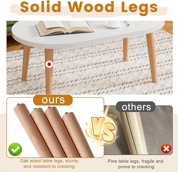 Coffee Table Low Table with 4 Solid Wood Leg, Floor Table Desk for Sitting on The Floor, Small Oval Coffee Table for Small Space, Side Table Japanese Coffee Table for Living Room Apartment Home, White