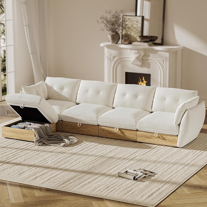 126" L Shaped Cloud Couch Sectional Modular Sofa with Storage, Cotton and Linen Fabrics Modern Oversized Deep Seat Sofa with Armrest Pillow, Easy Assembly for Living Room, Apartment, Ivory
