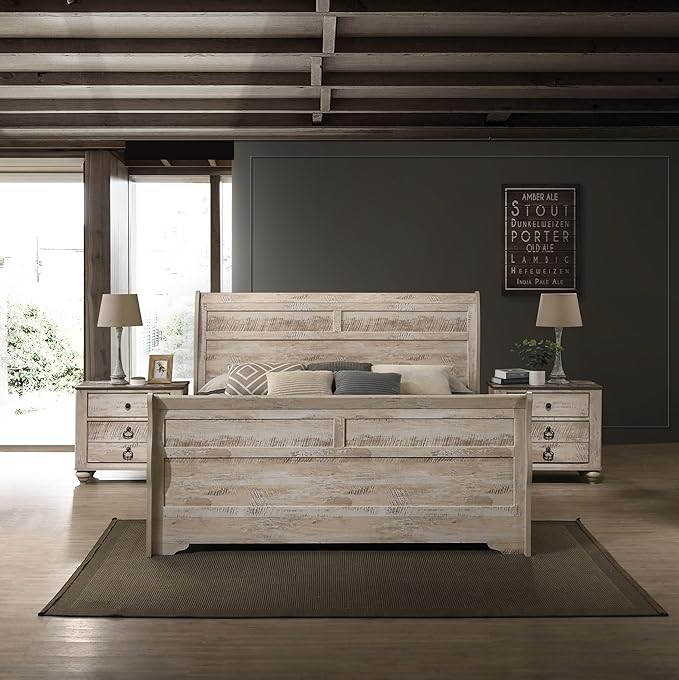 Roundhill Furniture Imerland White Wash Finish 3-Piece Bedroom Set-Sleigh Bed and Two Nightstands, Queen Size
