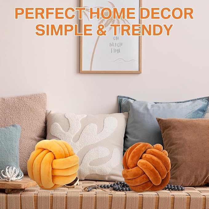 Namalu 2 Pcs Soft Knot Pillow Ball, Decorative Round Throw, Soft Knotted Plush Pillows, Handmade Stuffed Ball Pillows Cushion for Bedroom Sofa Couch Home Decor(7.87 Inches,Caramel Color)