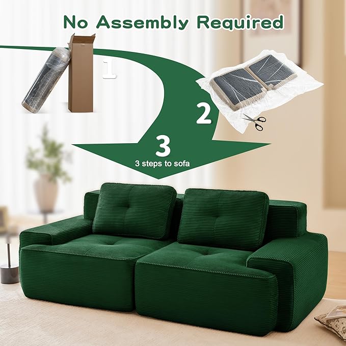 Casaphoria 80" Green Corduroy Cloud Couch, Boneless Modular Sectional Sofa for Living Room with Deep 2-Seat & 1-Ottoman, L Shape Cloud Couch No Assembly Required
