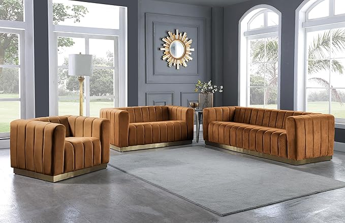 Meridian Furniture 603Saddle-S Marlon Collection Modern | Contemporary Velvet Upholstered Sofa with Deep Channel Tufting, Stainless Steel Base in a Brushed Gold Finish, Saddle, 86.5" W x 34" D x 28" H