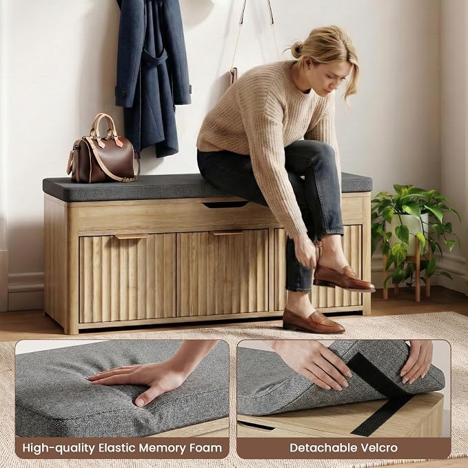 Shoe Bench with Storage - Lift Top Entryway Bench with Hidden Storage, Shoe Rack with Adjustable Shelves and Cushioned Seat, Wooden End of Bed Bench for Bedroom, Living Room and Hallway,Nature - Image 5