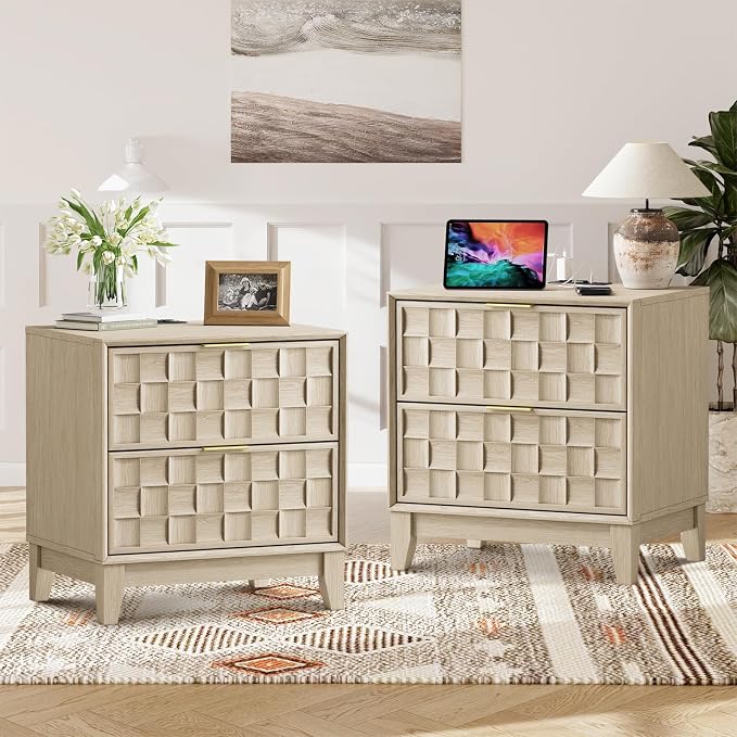 COLAMY Nightstand Set of 2, Night Stand with Charging Station, 2 Drawers Modern Bedside End Table Dresser, with Chessboard Relief and Wood Legs, for Bedroom, Closet and Small Space - Oak by COLAMYHOME