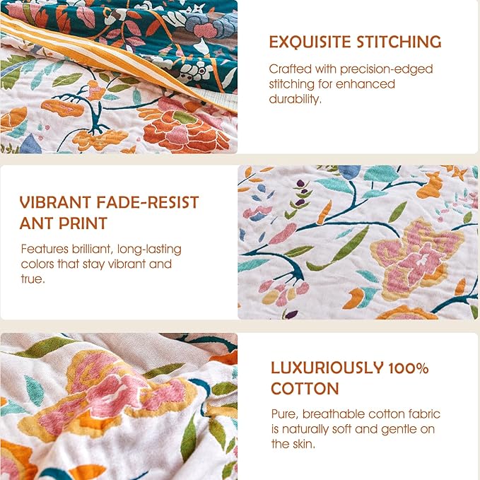 Boho Throw Blanket - 50"x60" 100% Cotton Ultra Soft Lightweight Blanket, 4-Layer Breathable Muslin Spring Blankets for Bed Couch, Reversible Green Floral Printed Bohemian Cotton Quilt