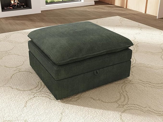 HONBAY Corduroy Ottoman, 31.5 Inch Square Ottoman Bench with Storage for Living Room, Green