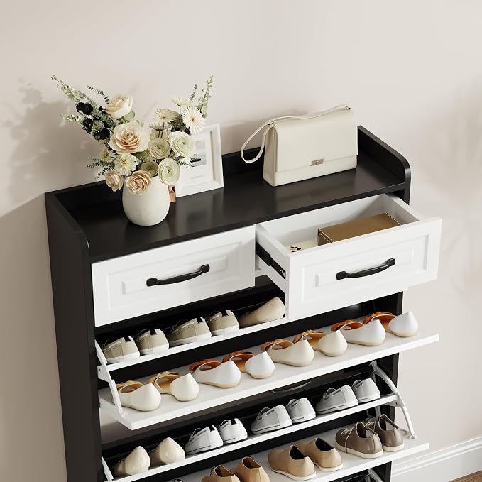 Shoe Cabinet with 3 Large Flip Drawers & 2 Storage Drawers, Narrow Shoe Organizer Cabinet Fits for Kinds of Shoes, Slim Shoe Storage Cabinet for Entryway, Hallway, Bedroom, Black and White - Image 2