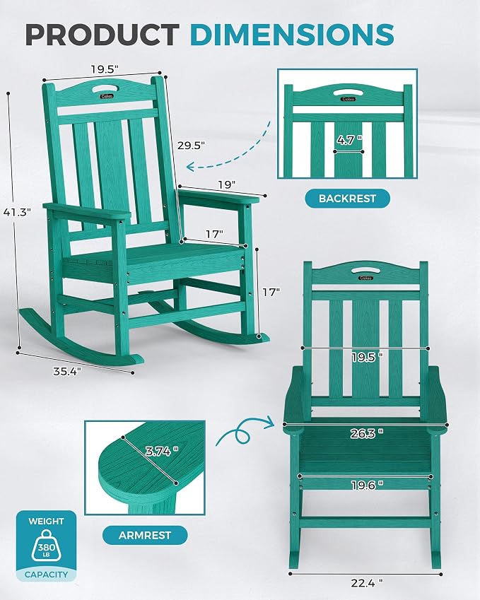 Ciokea Oversized Outdoor Rocking Chairs Set of 4, 380lbs Heavy-Duty Large Patio Rocker, High Back Cozy Porch Chairs, Weather Resistant Patio Rocking Chairs for Outside, Fire Pit, Deck, Aruba Blue - Image 3