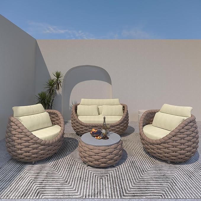 TWT Aluminum Outdoor Patio Furniture Set with Coffee Table, 6 Piece Patio Conversation Sets with Washable Cushions Covers, Patio Sectional Furniture Set for Porch, Balcony, Deck, Yard, Light Brown
