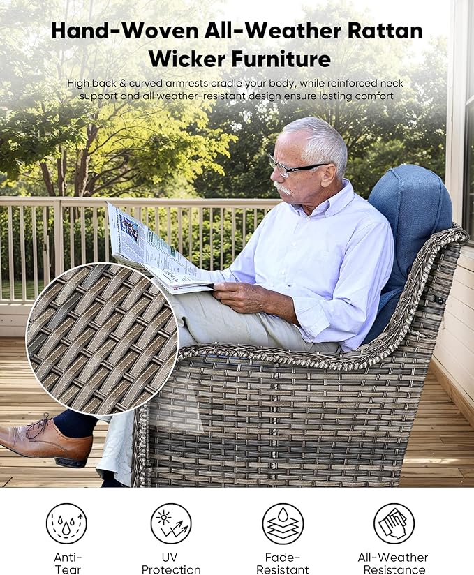 HUMMUH 3-Piece Swivel Rocking Rattan Chair Outdoor, Patio Bistro Furniture Conversation Set,Cushioned Wicker Chair with Glass Coffee Table(Grey, Blue)