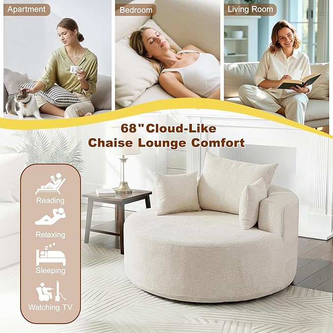 55'' Oversized Round Boneless Chaise Lounge Chair Indoor, Upholstered Corduroy Deep Seat Cloud Large Circle Sofa Couches Bed Corduroy Modern Floor No Assembly Sleeper Bed for Living Room, Bedroom