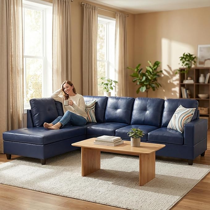 103.5 Inch Modern L-Shaped Couch, Faux Leather Sectional Sofa with Chaise Lounge, 4-Seater Couch with Accent Pillows for Living Room, Apartment, Blue