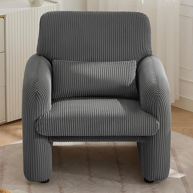 WUTUTUEE Corduroy Fabric Accent Chairs Set of 2, Modern Upholstered Living Room Chairs with Lumbar Pillow, Wide Comfy Leisure Armchair for Bedroom, Office, Reading, Grey