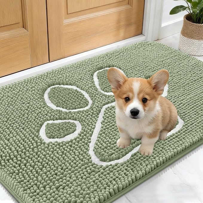 OLANLY Dog Door Mat for Muddy Paws 24x16, Paw Print Design, Absorbs Moisture and Dirt, Non-Slip Washable Doormat, Quick Dry Chenille Mud Mat for Dogs, Entry Indoor Entryway Carpet, Sage Green by OLANLY