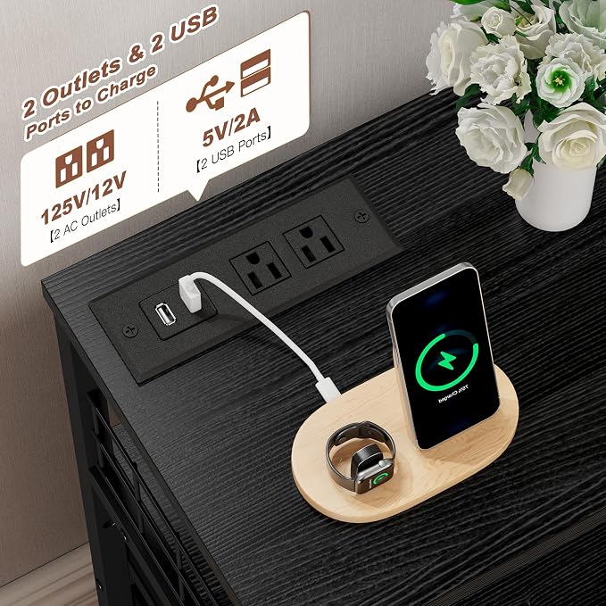 EnHomee Nightstands Set of 2, Bedside Table with Charging Station & LED Lights, End Table with 4 Fabric Drawers, Furniture for Bedroom, Dorm, Closet, Entryway, Wood Top, Black - Image 4