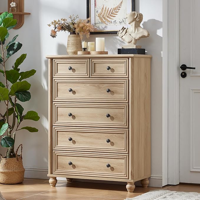 RWYHG Farmhouse 6 Drawer Dresser Set of 2, Natural Chest of Drawers, 43.5" Tall Dressers for Bedroom with Roman Column and Metal Handles, Wood Storage Organizer for Living Room, Hallway, Closet - Image 7
