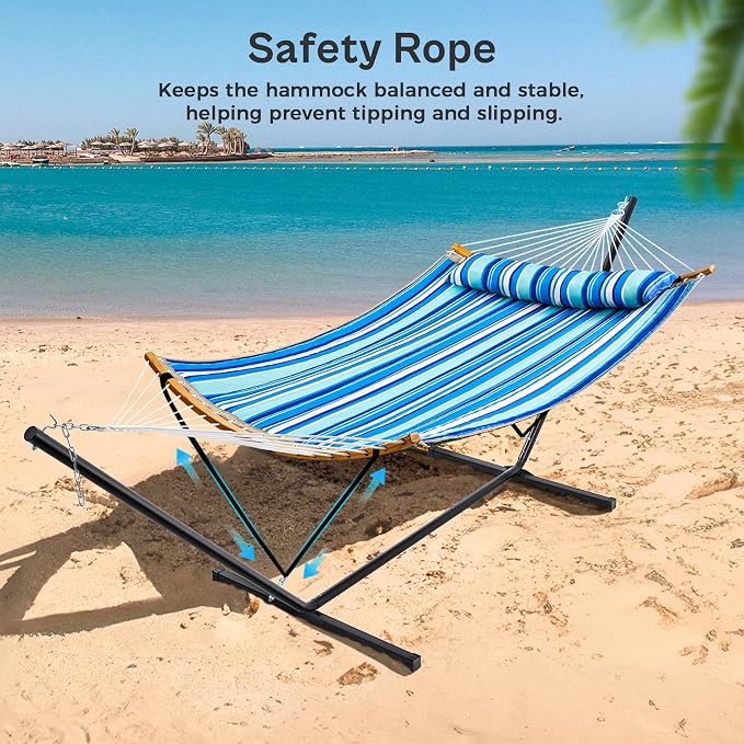 SUPERJARE Hammock with Stand, 2 Person Heavy Duty Hammock with Padded Cotton, Detachable Pillow & Strong Curved-Bar & Portable Carrying Bag, Perfect for Outdoor & Indoor, Blue Stripe - Image 5