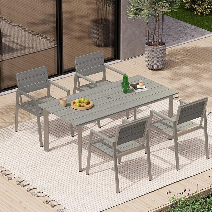 67" Rectangle HDPS Patio Dining Table, Aluminum Outdoor Patio Dining Table with Umbrella Hole, Weather-Resistant for Lawn, Garden, Yard, Poolside and Indoor Use (Gray & Teak) - Image 2